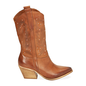 Stivali texani cognac in pelle, tacco 7 cm