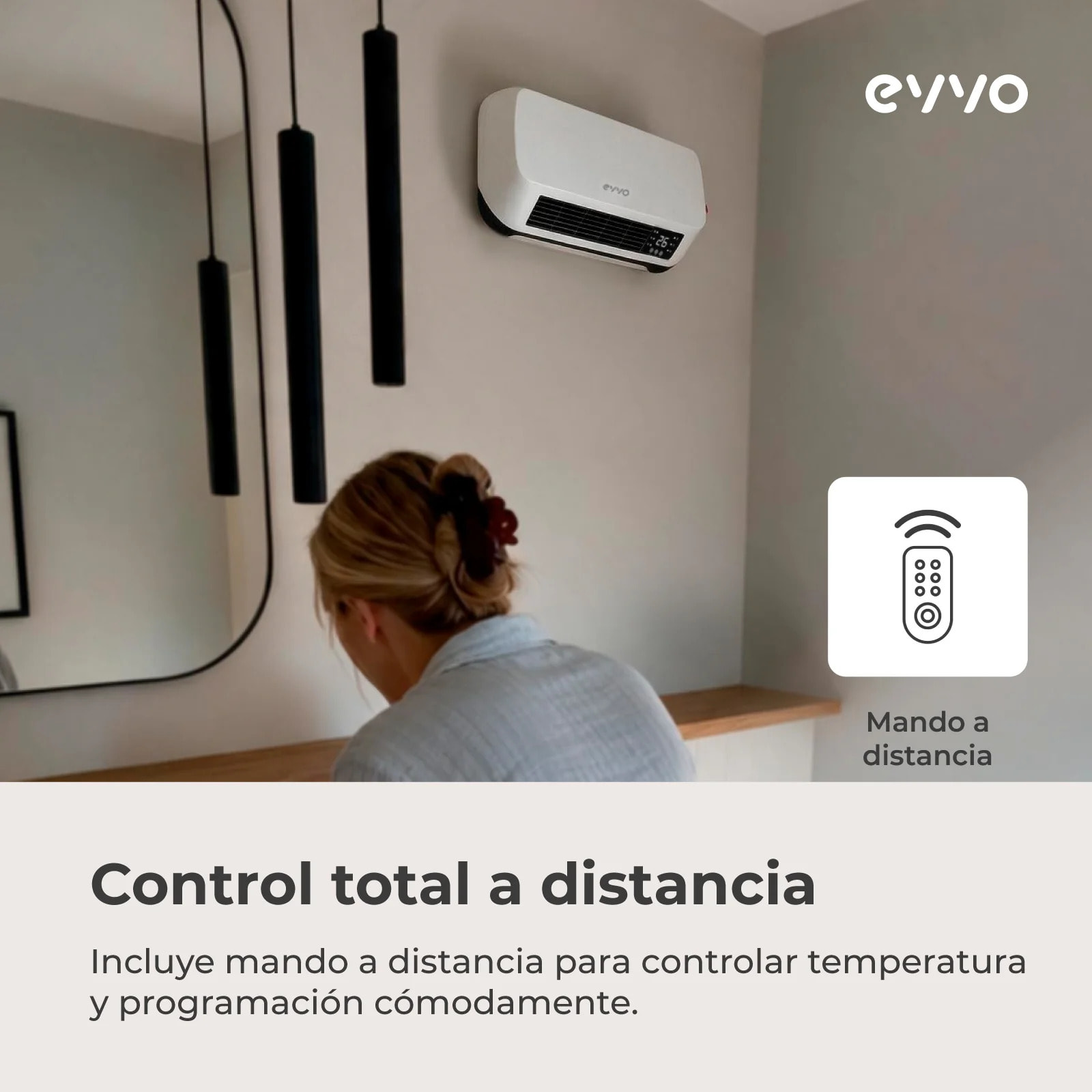 Calefactor de Pared Cerámico EVVO C200, 2000W con Pantalla Digital, Mando a Distancia y Temporizador