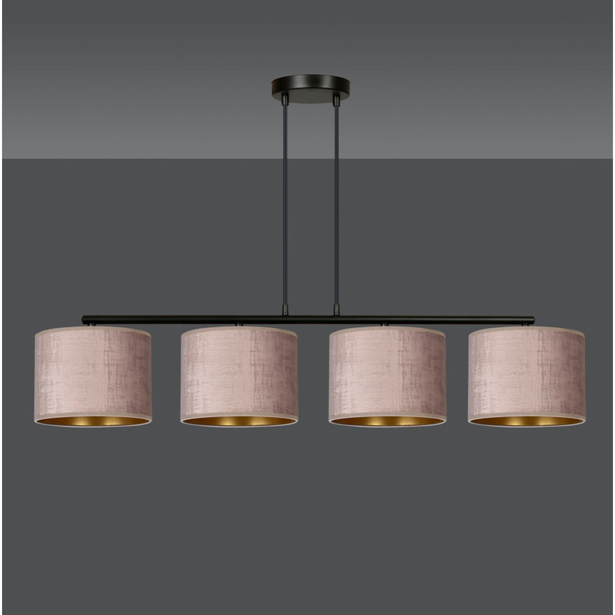 Lampada a sospensione Hilde in acciaio nero e velluto rosa antico