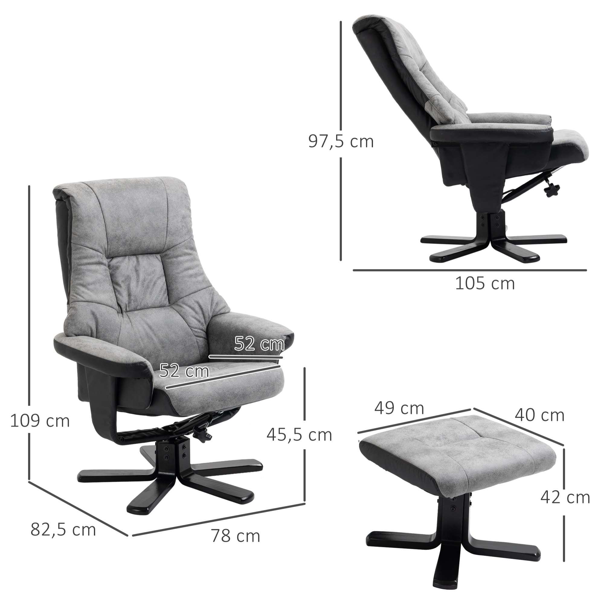 Fauteuil relax style contemporain - dossier inclinable, repose-pied - piètement bois peuplier noir tissu technique gris