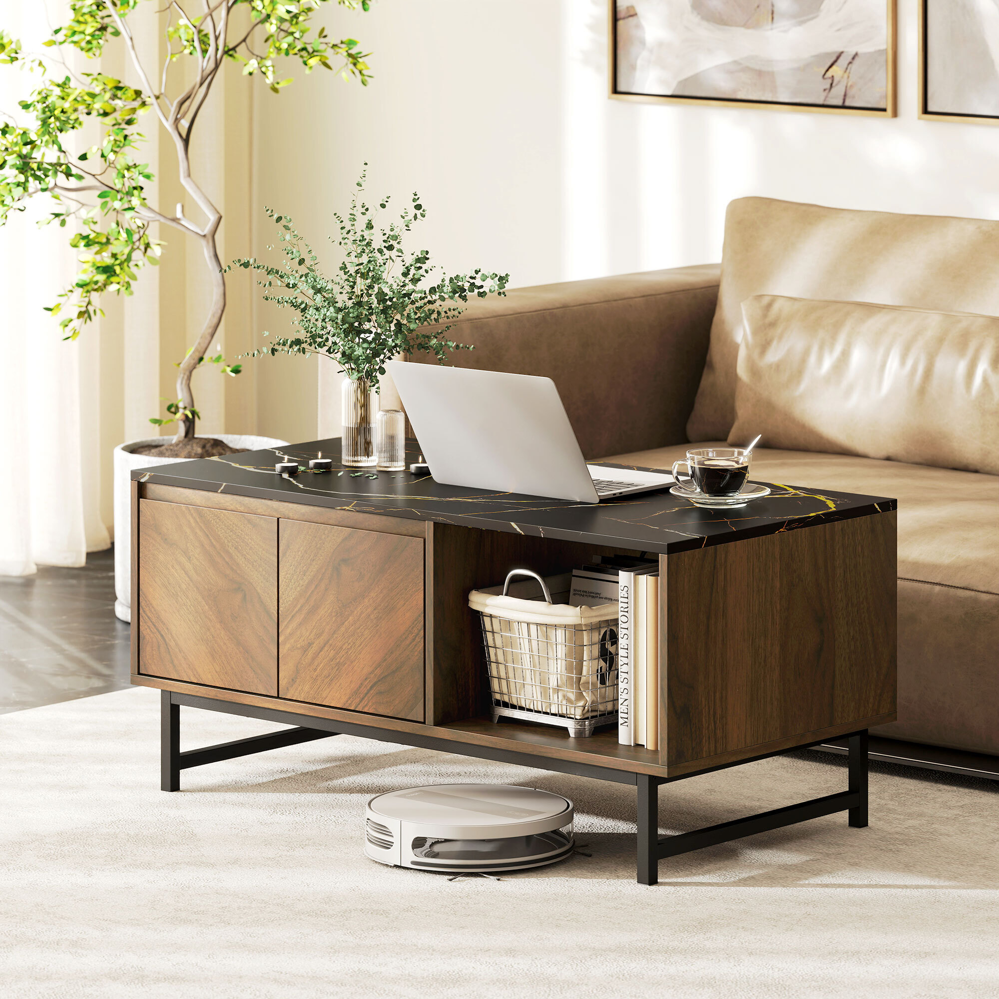Table basse, table de salon avec plateau effet marbre, 2 portes et 2 compartiments ouverts, cadre en acier, 100 x 50,8 x 45,7 cm