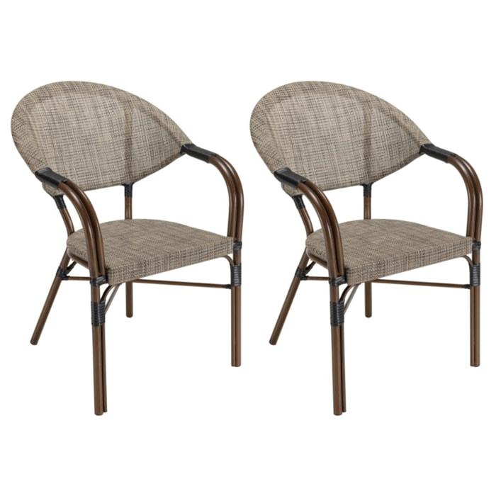 VIANNEY - Lot de 2 chaises de jardin bistrot en acier textilène taupe