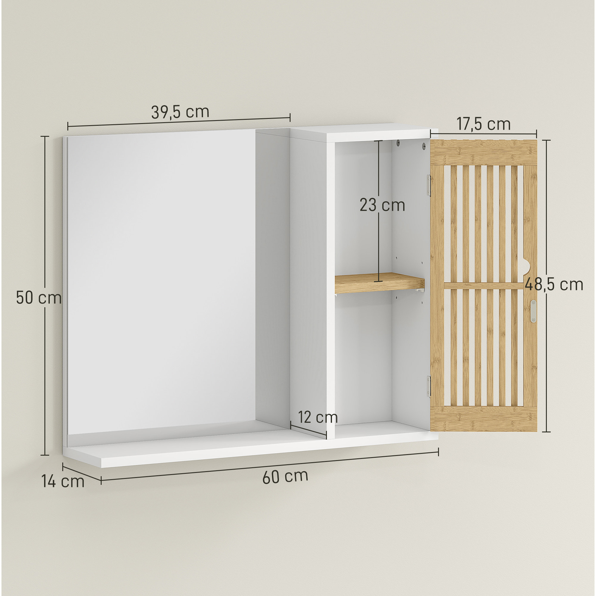 Miroir étagère style cosy - armoire miroir salle de bain 1 porte - bambou blanc