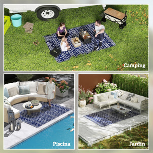 Alfombra de Exterior 182x274 cm Alfombra Reversible con Patrón de Geométrico Impermeable Bolsa de Transporte para Terraza Balcón Patio Camping Playa Azul