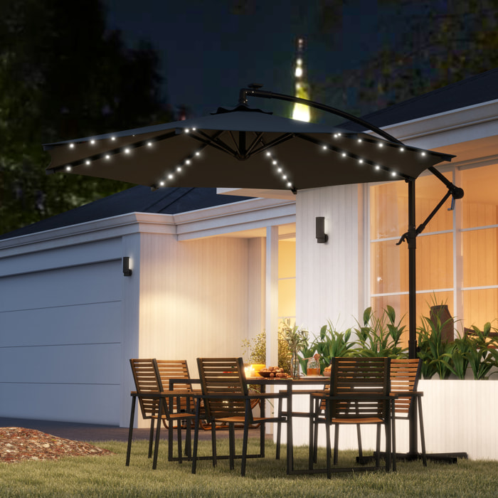 Parasol Excéntrico Ø 294 cm Sombrilla de Jardín con 32 Luces LED Solares Base Cruzada Manivela Ventilación Superior Funda para Sombrilla Anti-UV 30+ para Terraza Patio Gris Oscuro