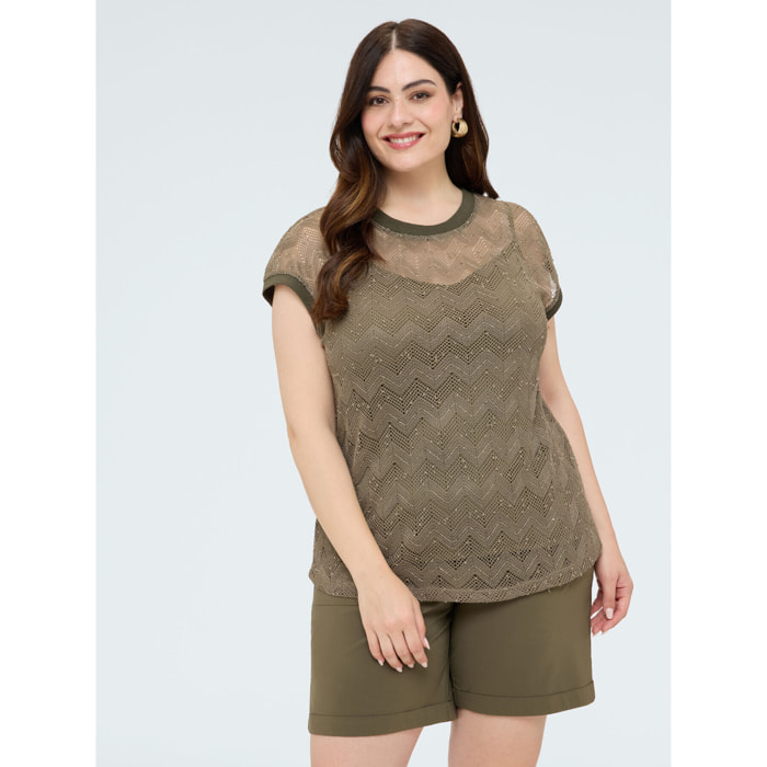 Fiorella Rubino - Camiseta de punto calado ajouré con lentejuelas - Verde militare
