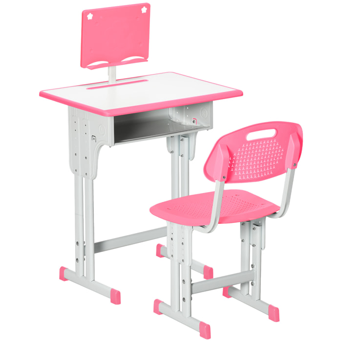 Juego de Escritorio y Silla para Niños de 6-12 Años Pupitre Infantil Altura Ajustable con 1 Cajón 1 Ranura para Lápiz y 1 Estante para Libros Acero 60x45x90-102 cm Rosa