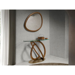 Consola Angel Cerdá ovalada con tapa de cristal templado y patas de madera en nogal 125x45x80cm