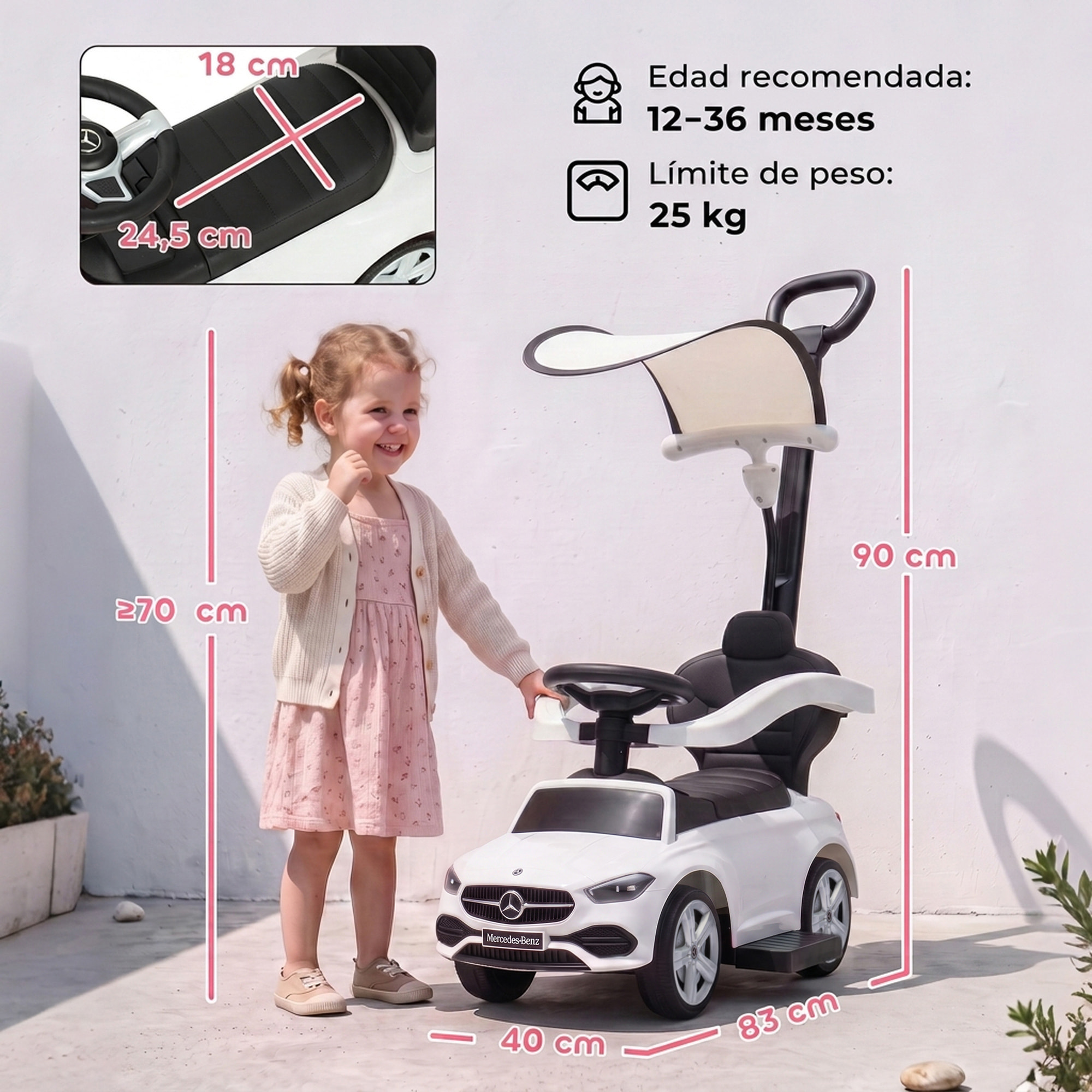 Correpasillos para Bebés 3 en 1 Mercedes-Benz, Coche Correpasillos con Barra de Empuje, Capota Extraíble, Barandilla de Seguridad, Claxon, Música, Almacenaje Bajo Asiento, 12-36 Meses, Blanco