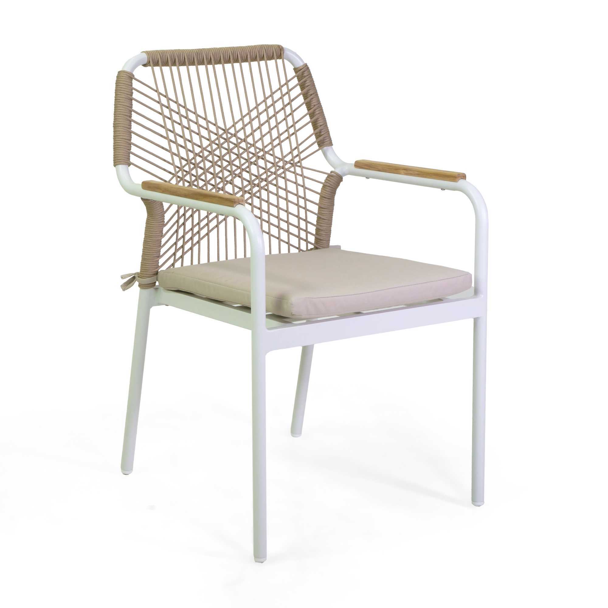 Poltrona Vacchetti Dean in alluminio bianco con corda e cuscino beige cm56x62h85