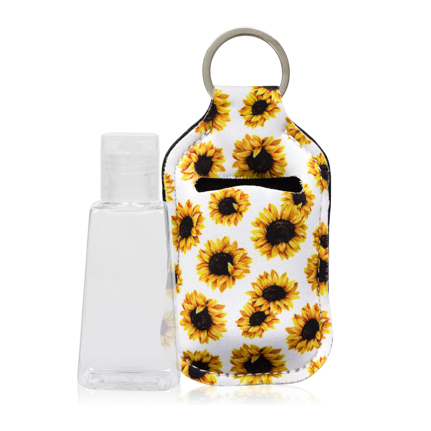 Portachiavi bottiglia igienizzante per mani alcol ricaricabile 30ml tessuto design girasole bianco