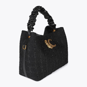 Borsa in Tweed con Manico Arricciato e Logo LC Leopardo