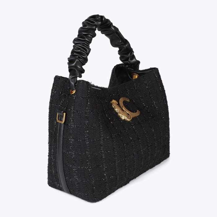 Borsa in Tweed con Manico Arricciato e Logo LC Leopardo