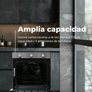 EVVO Horno integrable H10, 72L, clase A, 4 programas, grill, temporizador, mando selector, puerta triple acristalamiento, negro
