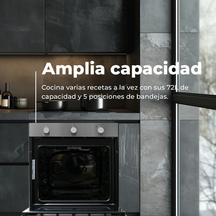 EVVO Horno integrable H10, 72L, clase A, 4 programas, grill, temporizador, mando selector, puerta triple acristalamiento, negro