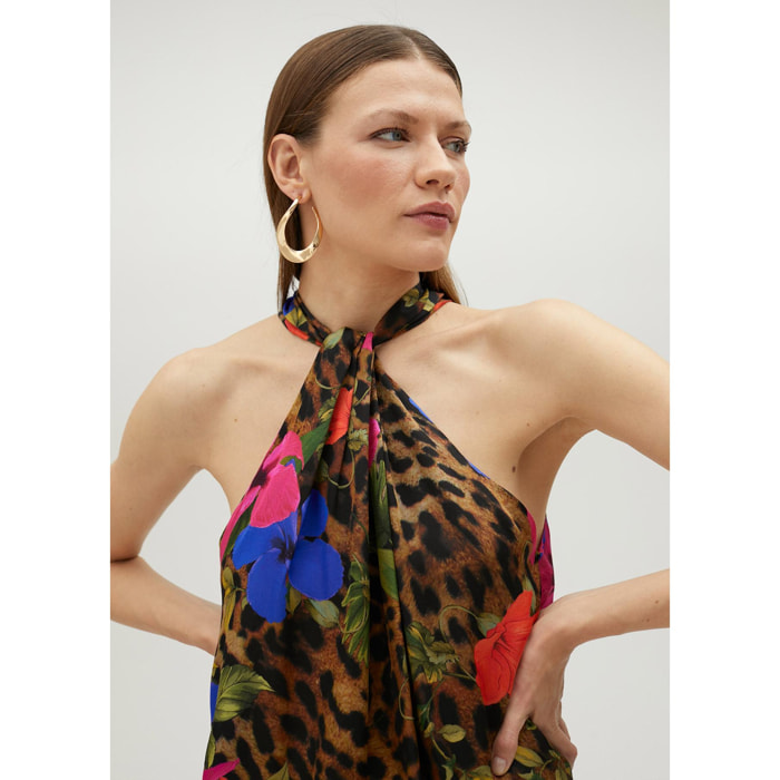 Top voluminoso all'americana con stampa floreale e animalier