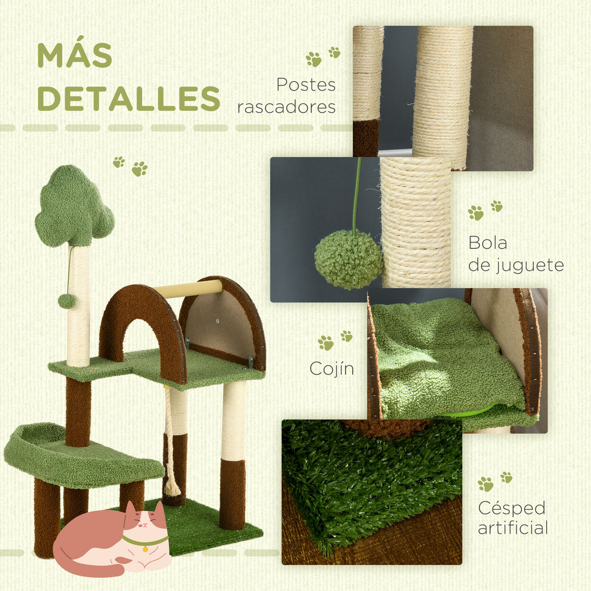 Árbol Rascador para Gatos Mediano 107 cm Torre para Gatos Centro de Actividades para Gatitos con Nido Poste de Sisal Césped Falso y Bola Colgante 49x40x107 cm Verde