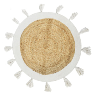 Tapis Rond Jute Pompons Blanc 80cm