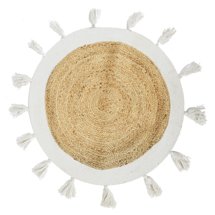 Tapis Rond Jute Pompons Blanc 80cm