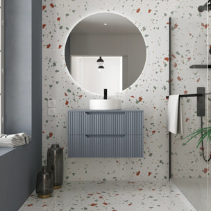 Meuble de Salle de Bains LEON 80cm Gris - 2 Tiroirs en MDF Ondules - Vasque Ronde 36cm
