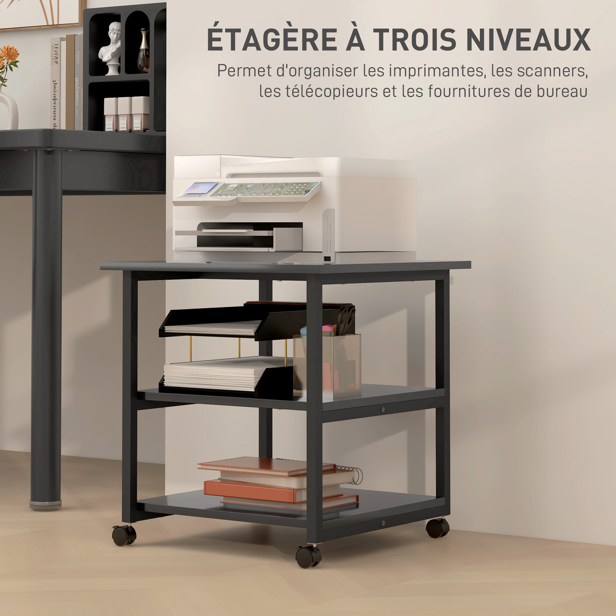Support d'imprimante desserte de rangement 3 niveaux plateau 2 étagères acier panneaux noir