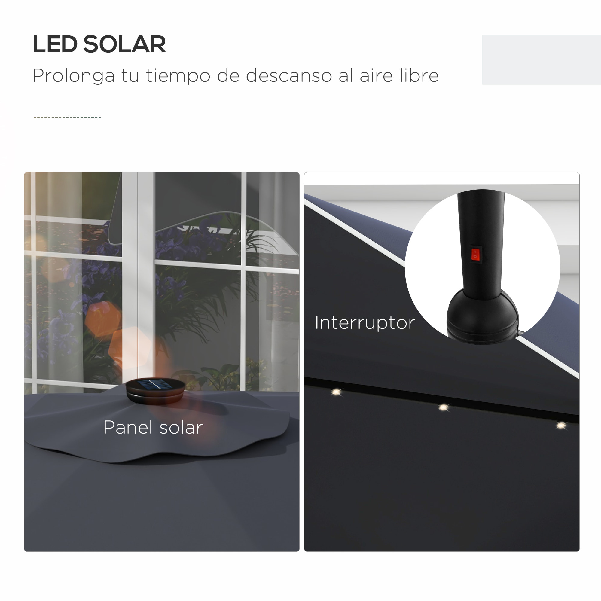 Sombrilla de Jardín Ø292x248 cm Parasol de Terraza Manual con 32 Luces LED Solares 8 Varillas Impermeable y Rejillas de Ventilación para Patio Balcón Gris Oscuro