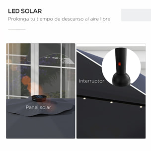 Sombrilla de Jardín Ø292x248 cm Parasol de Terraza Manual con 32 Luces LED Solares 8 Varillas Impermeable y Rejillas de Ventilación para Patio Balcón Gris Oscuro