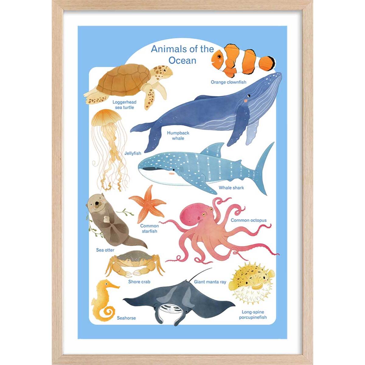 Affiche enfant animaux marins  Affiche + cadre en bois - Chêne