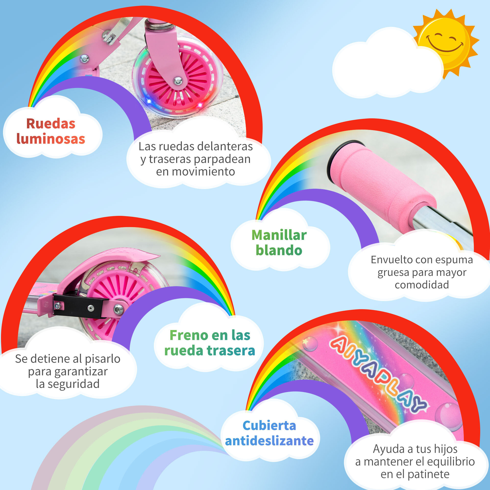 HOMCOM Patinete para Niños de 2 Ruedas, Patinete Infantil Plegable con Música 4 Altura Ajustable 65-78 cm Ruedas con Luces LED para Niños y Niñas de 3-7 Años Carga 50 kg Rosa