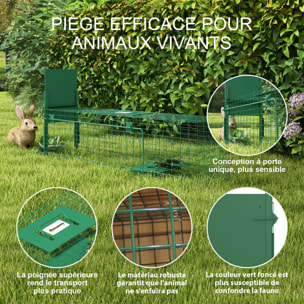 Piège de capture pour petits animaux type lapin rat - entrée, poignée - dim. 100L x 25l x 28H cm - acier vert