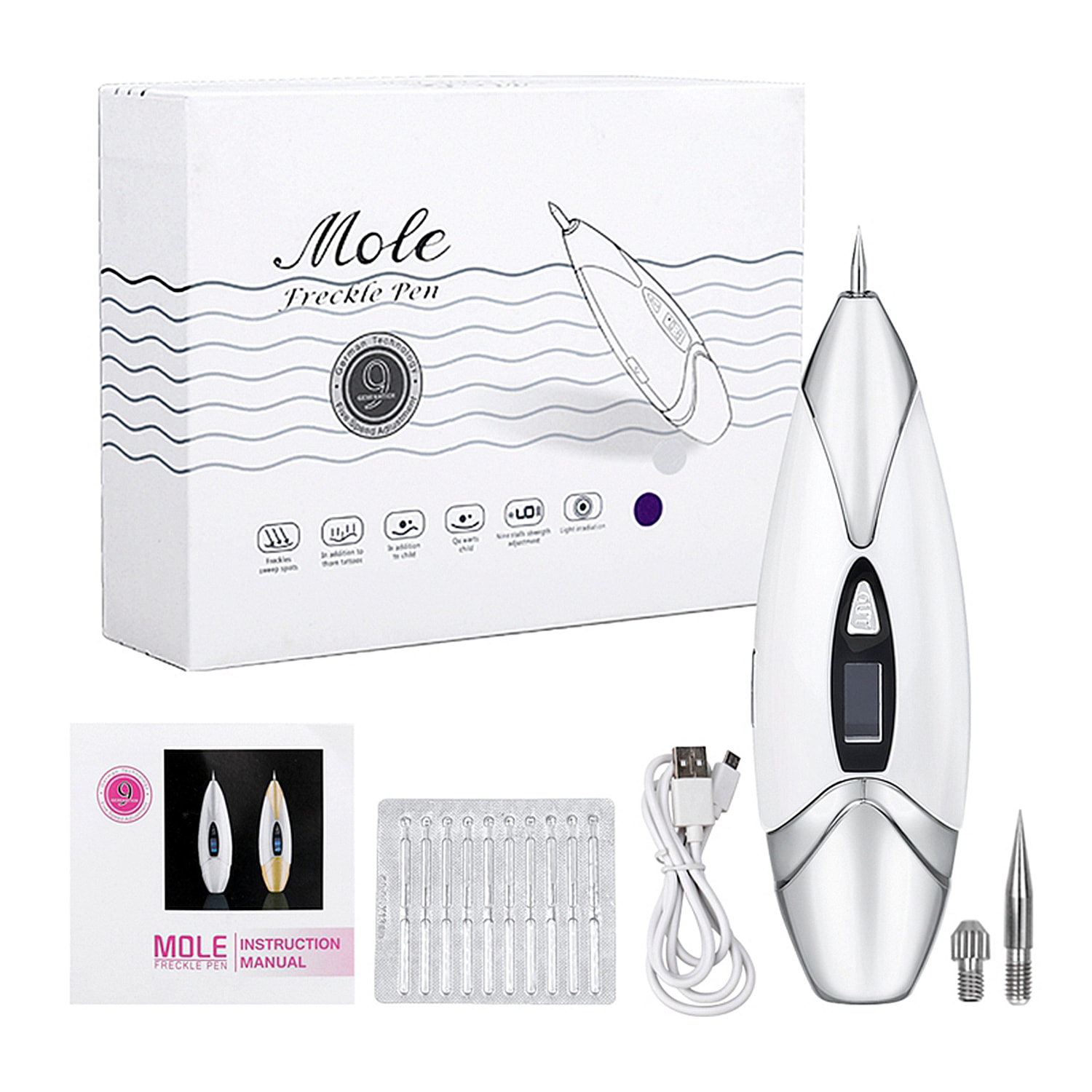 Bolígrafo eléctrico para eliminar imperfecciones de la piel ( lunares, manchas, berrugas, pecas, etc.). Con batería recargable y 9 niveles de intensidad. Incluye 10 agujas finas y 1 gruesa.