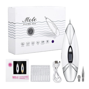 Bolígrafo eléctrico para eliminar imperfecciones de la piel ( lunares, manchas, berrugas, pecas, etc.). Con batería recargable y 9 niveles de intensidad. Incluye 10 agujas finas y 1 gruesa.