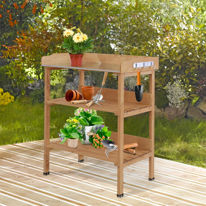 Table de rempotage jardinage - 2 étagères 3 crochets outils plateau tôle acier galvanisé avec rebord - bois sapin pré-huilé