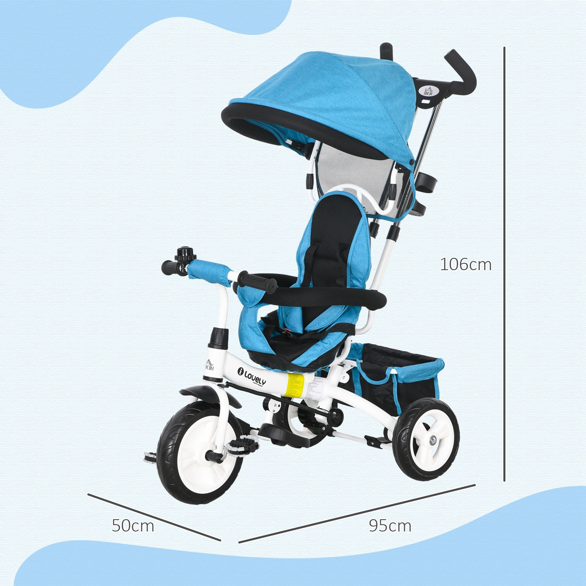 Triciclo Evolutivo para Bebés 6 en 1 Triciclo para Niños de 1-5 Años Bicicleta para Niños con Toldo Plegable Mango Telescópico Desmontable Cinturón de Seguridad y Cesto 95x50x106 cm Azul
