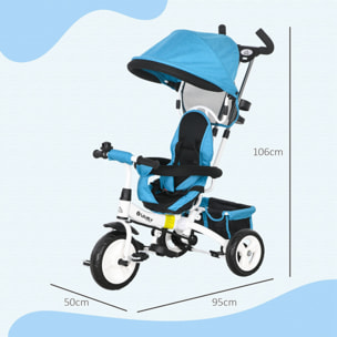 Triciclo Evolutivo para Bebés 6 en 1 Triciclo para Niños de 1-5 Años Bicicleta para Niños con Toldo Plegable Mango Telescópico Desmontable Cinturón de Seguridad y Cesto 95x50x106 cm Azul