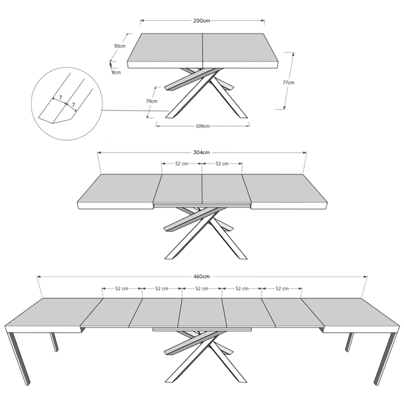 Table extensible 90x200/460cm Volantis cachemire pieds anthracite