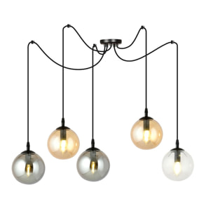 Lampada a sospensione GIGI 5 in acciaio nero e vetro mix