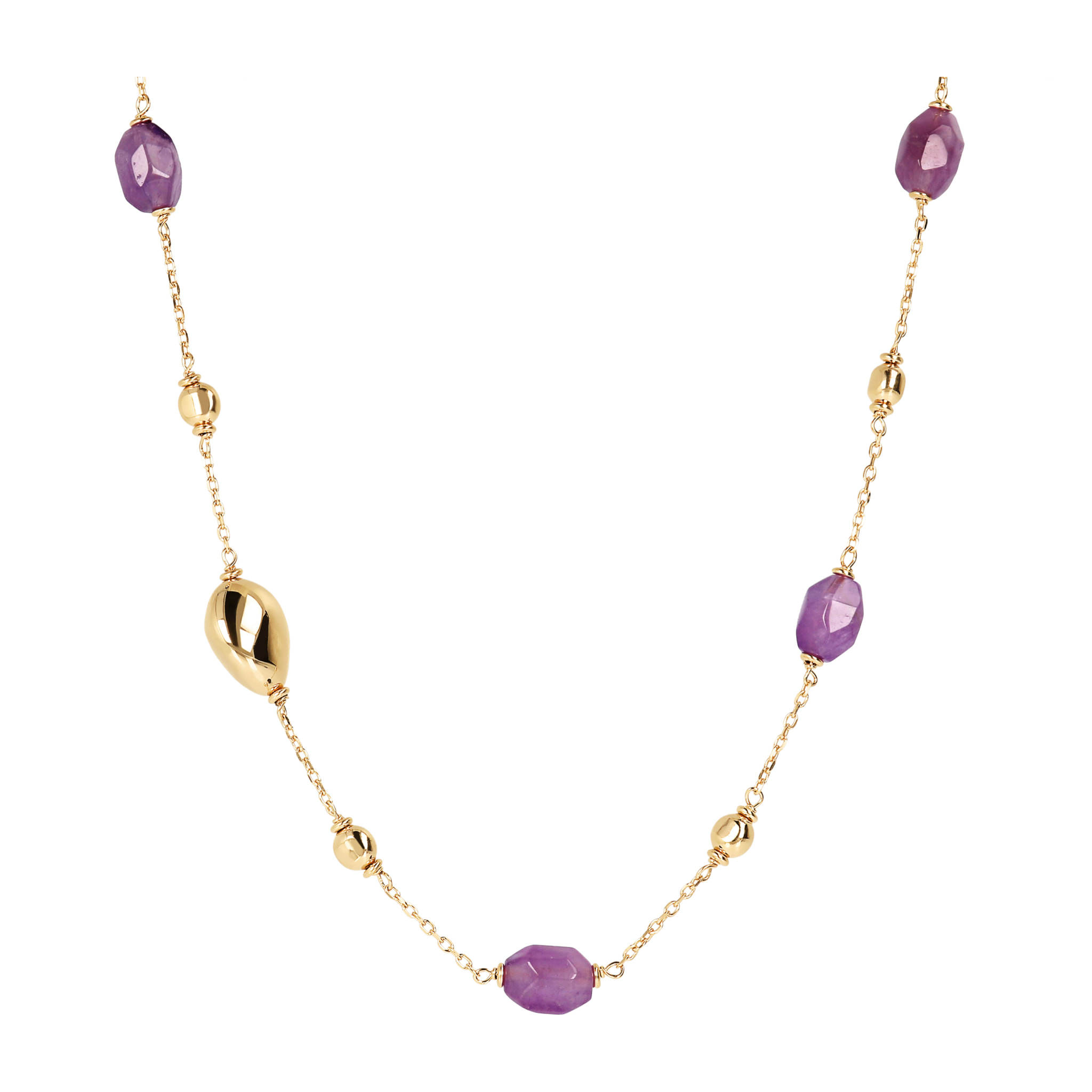 Collana Catena Rolo con Bead in Argento 925 placcato Oro 18kt e Pietra Naturale Sfaccettata Ametista Viola