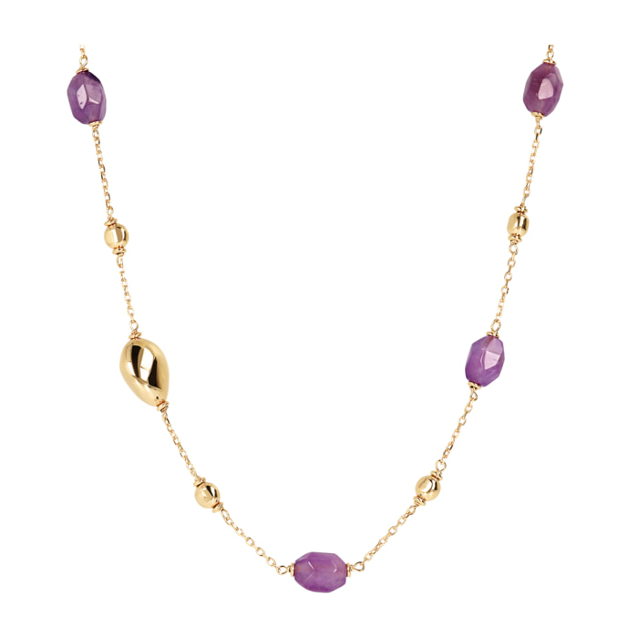 Collana Catena Rolo con Bead in Argento 925 placcato Oro 18kt e Pietra Naturale Sfaccettata Ametista Viola