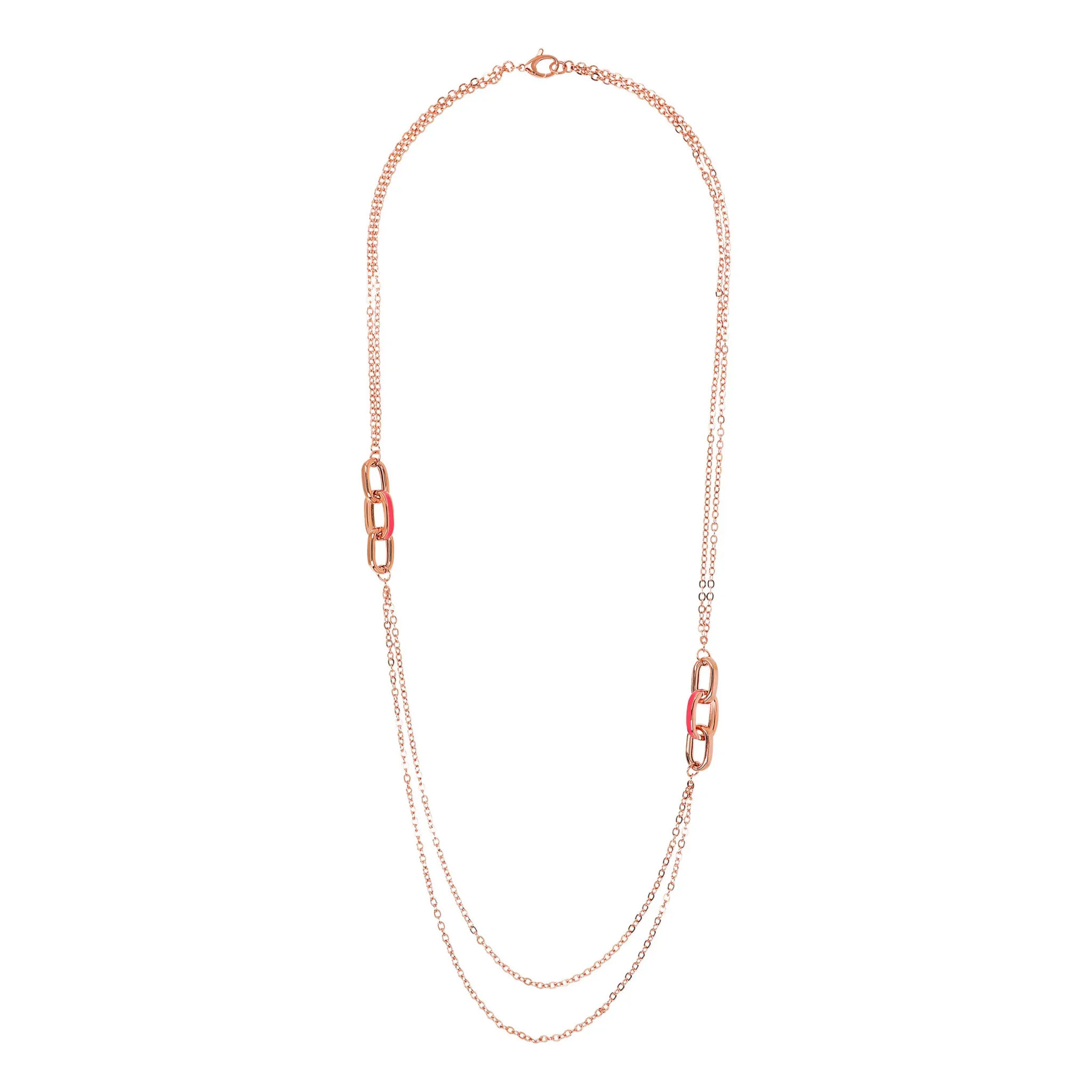 Collana Lunga Multifilo Doppia con Maglie Ovali Smaltate Fucsia