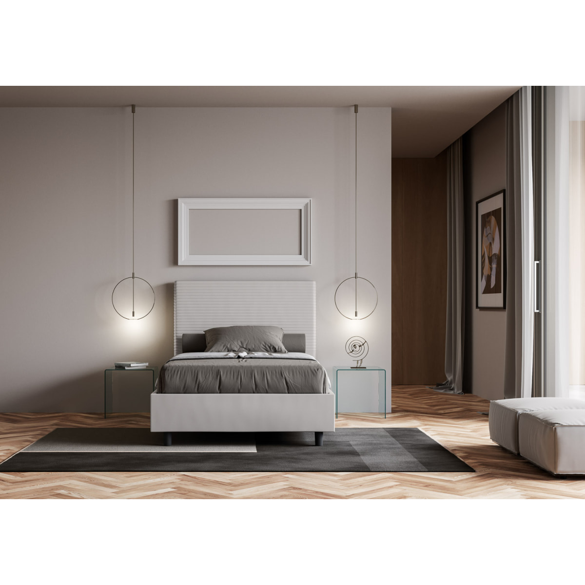 Letto matrimoniale francese con rete imbottito 140x200 similpelle bianco Focus