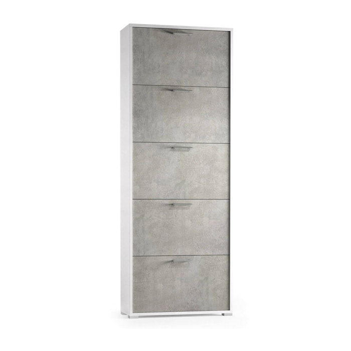 Scarpiera Amigo, Mobile multiuso da ingresso con 5 ante a ribalta, Armadietto portascarpe moderno, 100% Made in Italy, 67x18h184 cm, Cemento e Bianco
