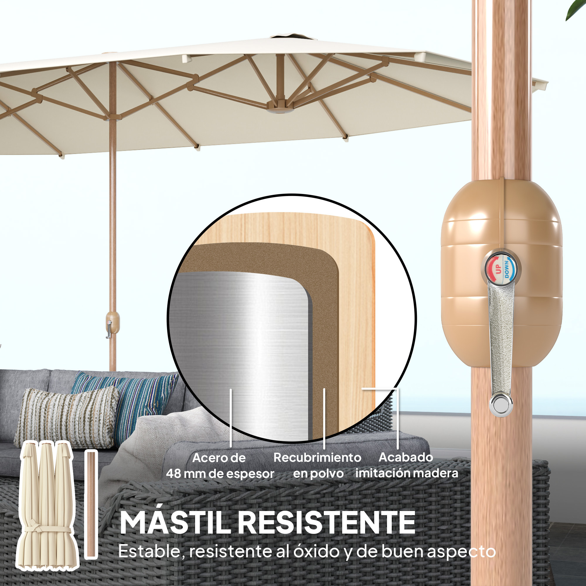 Sombrilla Doble 4,55x2,65 m Sombrilla Terraza Exterior con Manivela Manual Resistente al Agua y Protección Solar Sombrilla Grande para Terraza Playa Piscina Crema