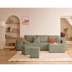 Topaze - canapé d'angle réversible 4 places - convertible avec coffre, tablette et poufs - en velours côtelé - Vert Kaki