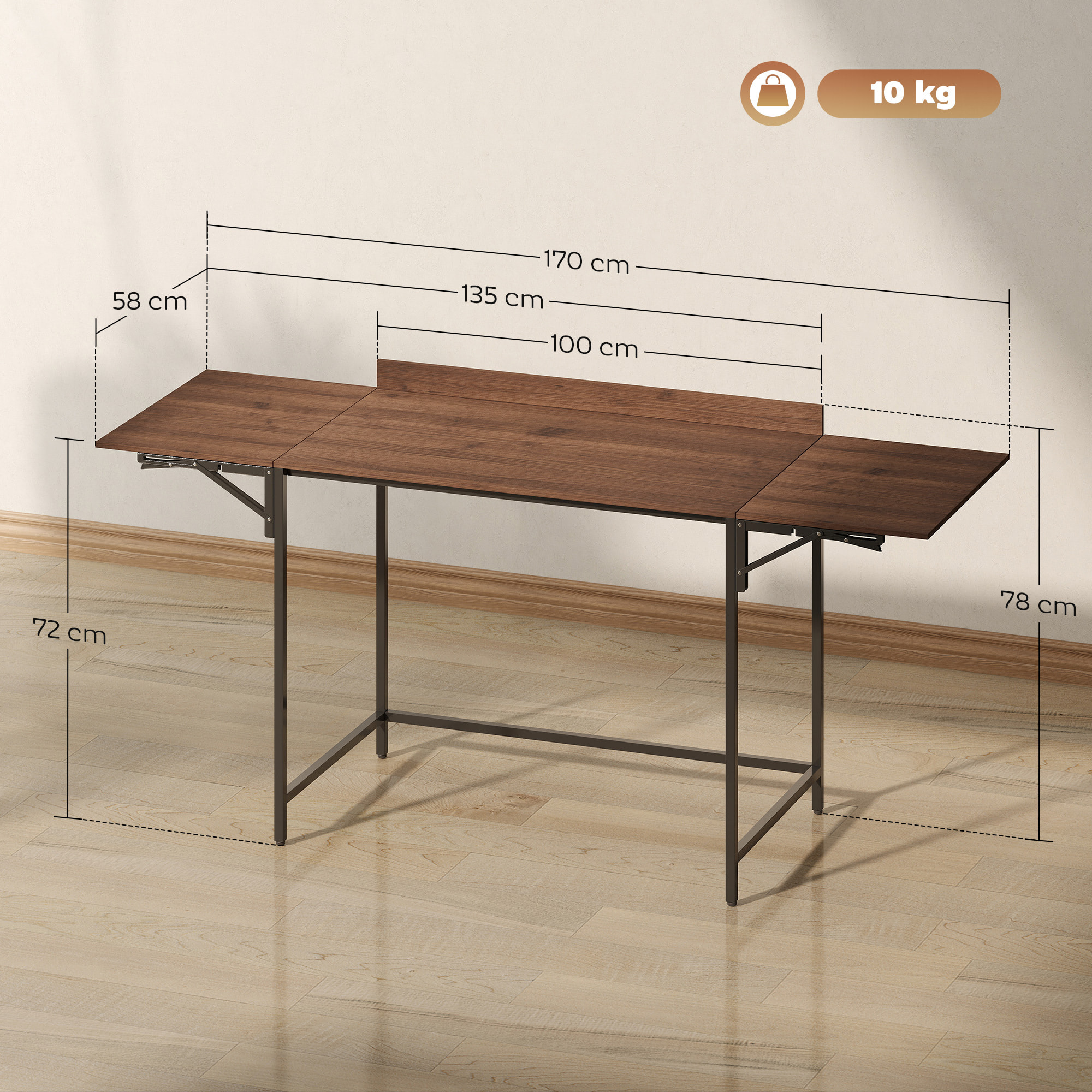 Bureau pliable bureau pliant 2 rallonges rebord plateau arrière métal noir effet bois noyer