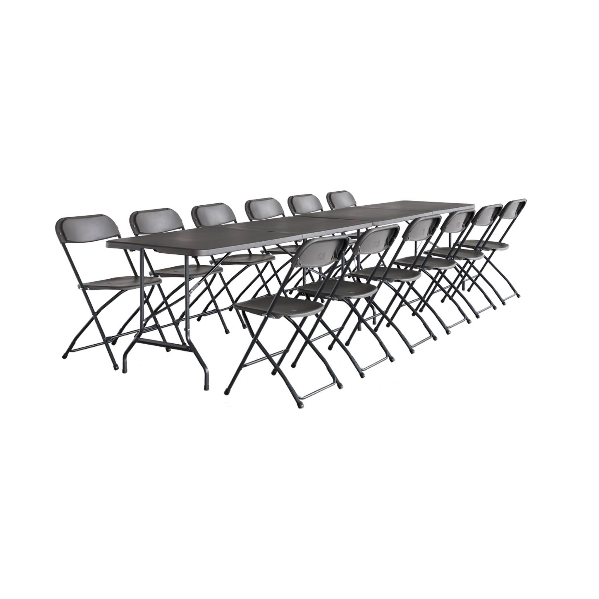 Lot de 2 tables de réception pliables en plastique gris 180cm + 12 chaises d'appoint. table de camping