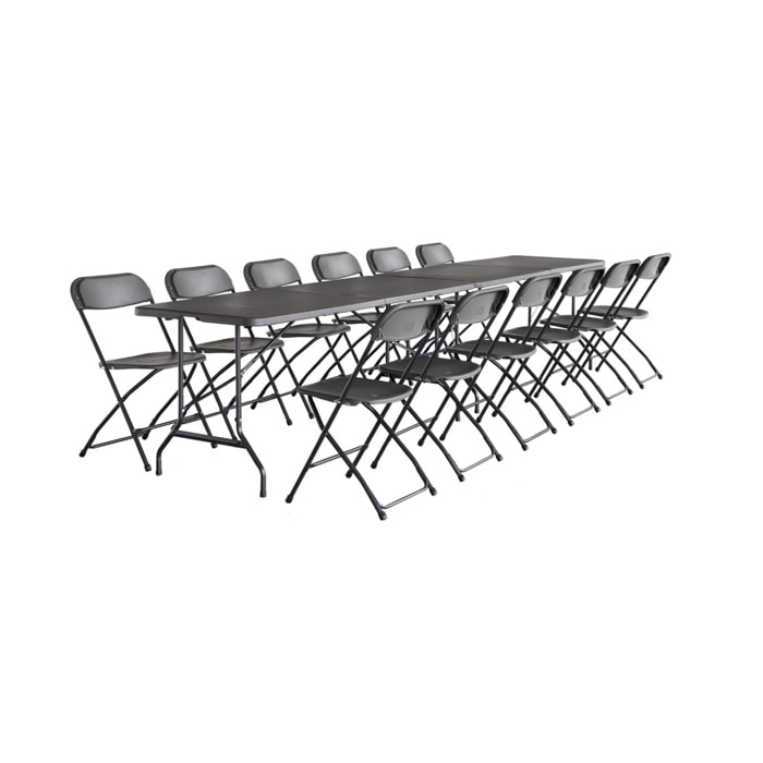 Lot de 2 tables de réception pliables en plastique gris 180cm + 12 chaises d'appoint. table de camping