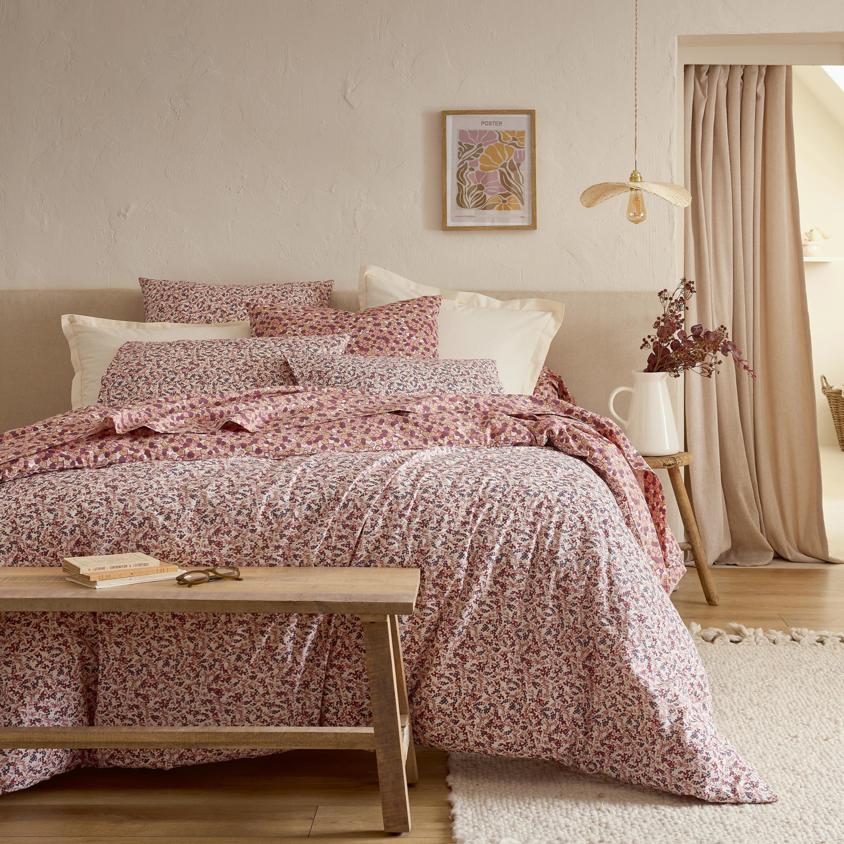 Drap plat en coton réversible imprimé floral - Prune