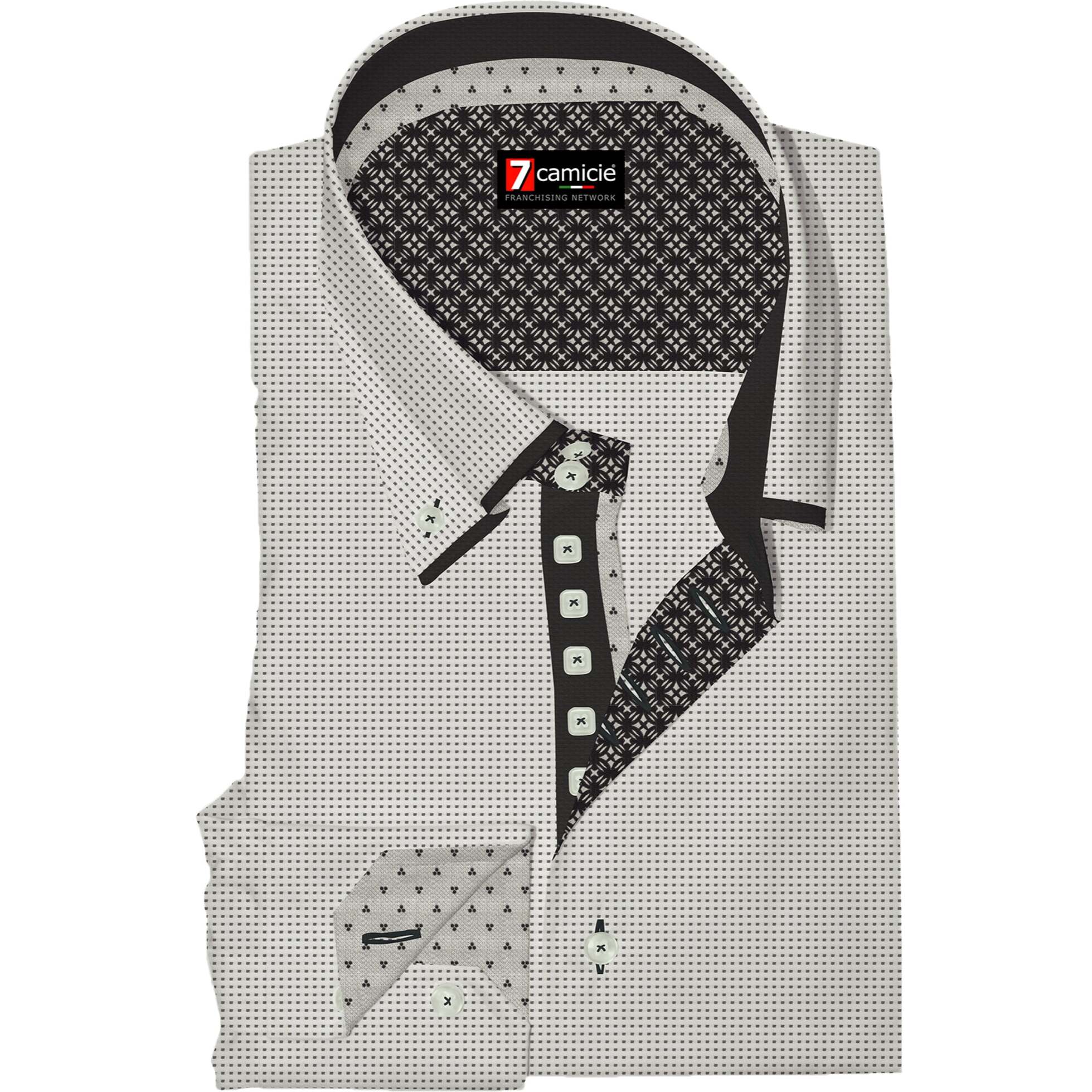 Camicia Uomo 2 Bottoni Button Down 7bottoni Doppio Coll Jacquard Fantasia Bianco/Nero