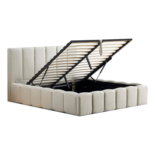 Lit Coffre Madeleine en tissu Beige, Grand espace de Rangement, Tête de lit rembourrée, Lattes actives, Vérins Hydrauliques, Design Élégant